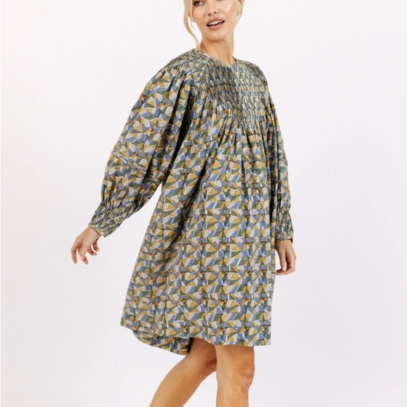 Mirth Dresses & Skirts - Mirth Kerala Short Dress In Parakeet Boho Pintucked Exaggerated Cotton